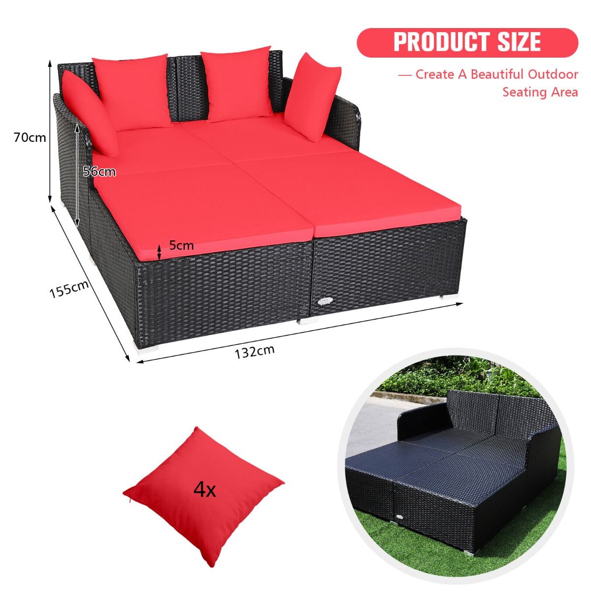 Rattan Garden 2 Seater Daybed Furniture Set with Cushions - Red